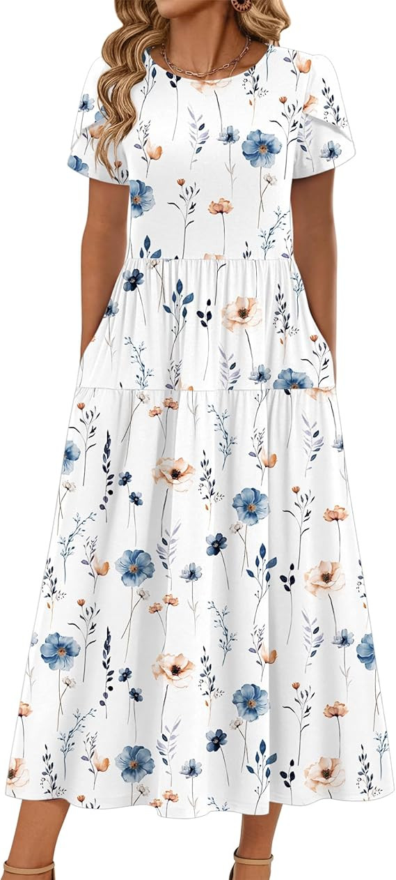 Zeagoo Summer Dresses for Women 2026 Maxi Bohemian Floral Short Sleeve Long Dress Casual Flowy Ti... | Amazon (US)
