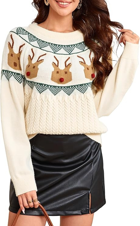Amegoya Women's Funny Ugly Christmas Knitted Sweaters Crewneck Cute Reindeer Sweater Pullover for... | Amazon (US)