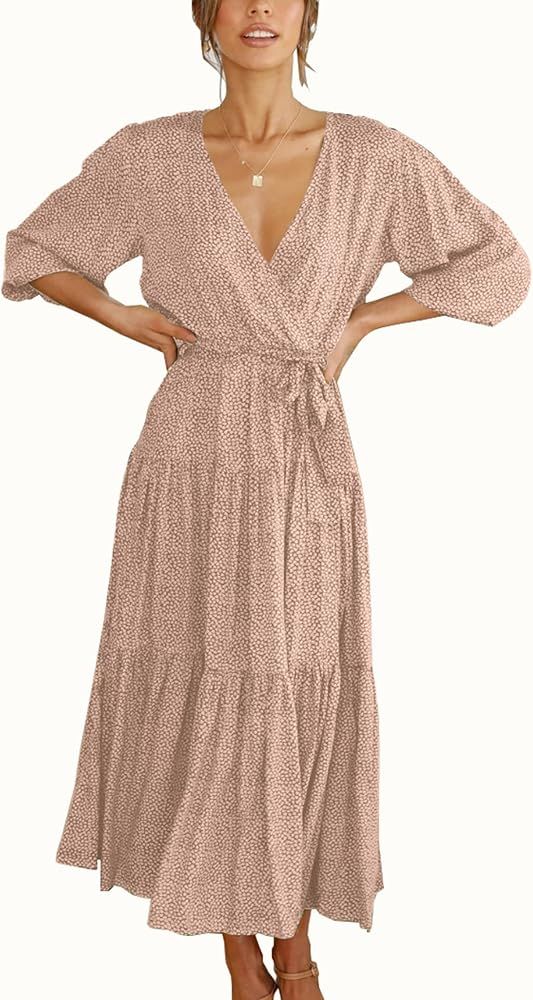 KIRUNDO Women's Summer Bohemian Floral Dress Wrap V Neck Half Sleeves Casual High Waist Pleated Flow | Amazon (US)