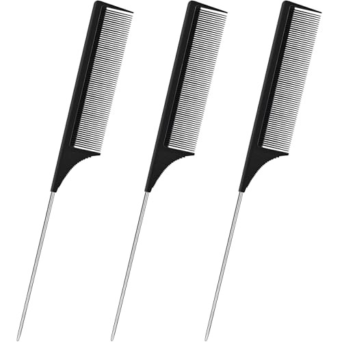 3 Pack Hair Rat Tail Combs Set, Parting Rattail, Teasing Fine Tooth Comb, Metal Hair Pick Detangling, Heat Resistant Carbon Fiber Teasing Comb, and Stainless Steel Pintail(Black) | Amazon (US)