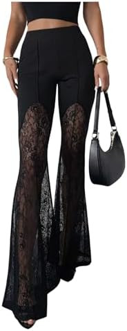 Floerns Women's Goth Floral Lace Flare Leg Pants Elastic Waist Bell Bottom Grunge Hippie Trousers | Amazon (US)