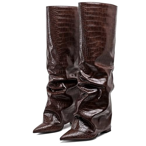 Synchoiss Women's Knee High Boots Pointed Toe Rubber Sole Brown Boots Fashion Chunky Heel Wide Calf Fold Over Leather Boots Winter Fall Boots Tall Boots for Women Pull on Trendy Size 7.5 | Amazon (US)