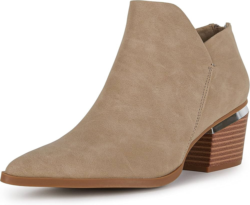 Women's Low Cut Ankle Boots Pointed Toe Chunky Stacked Heel Metal Detail Back Zipper Booties | Amazon (US)