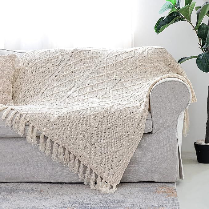 Solid Soft Cozy Cable Knitted Blanket Throw, Lightweight Decorative Textured Cream Throw Blanket ... | Amazon (US)