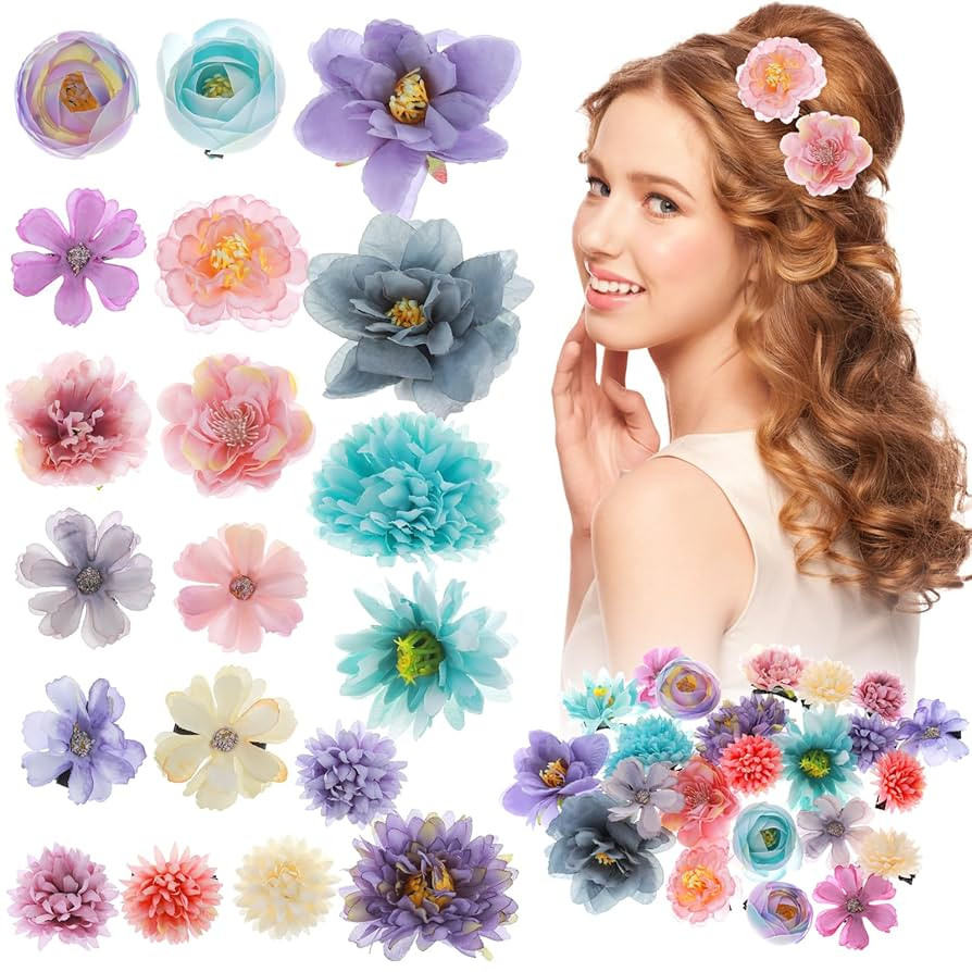WLLHYF 23 Pieces Flower Hair Clips Rose Flower Hair Barrettes Boho Bride Claw Clip Hawaiian Artif... | Amazon (UK)