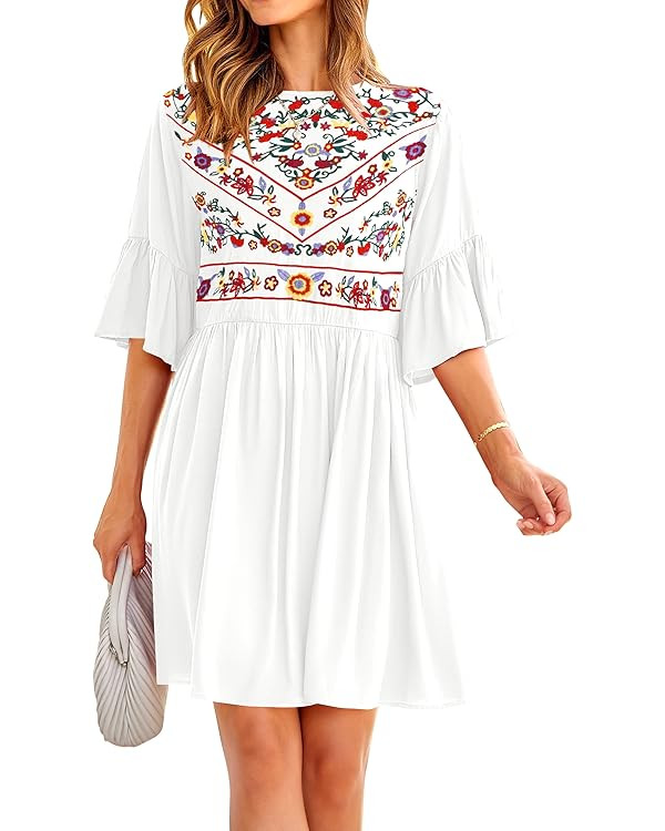 KIRUNDO 2023 Summer Women Bell Sleeve Floral Embroidered Mini Babydoll Dress Boho Casual Round Ne... | Amazon (US)