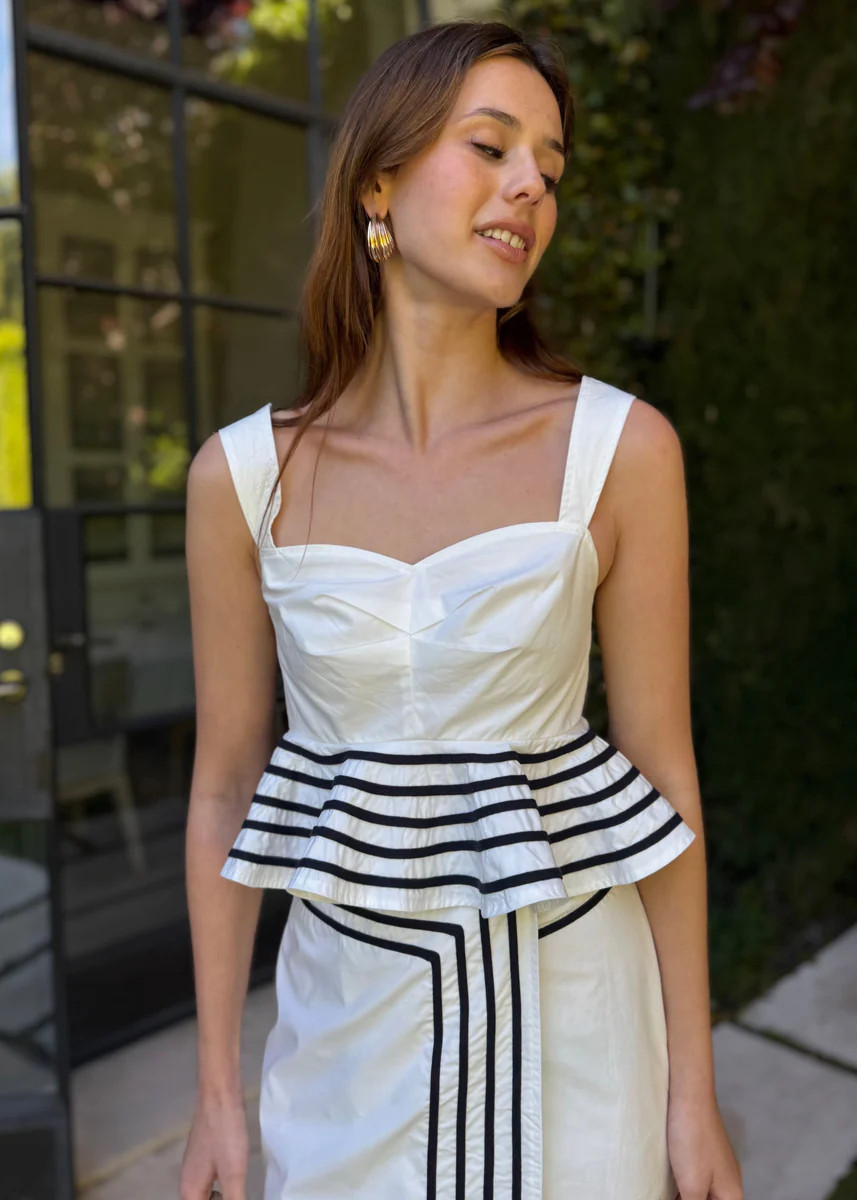 Riley Sleeveless Cropped Peplum Top - White with Navy Stripes | Benaar La