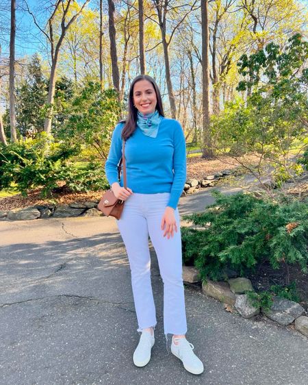 Spring outfit, casual spring outfit, white jeans, white flare jeans, blue cashmere sweater, blue sweater, white leather sneakers, white veja, white tennis shoes, silk scarf, bandana, kerchief, neckerchief, brown cross body bag, brown shoulder bag, monochrome outfit, monochromatic outfit

#LTKSeasonal #LTKstyletip #LTKfindsunder100