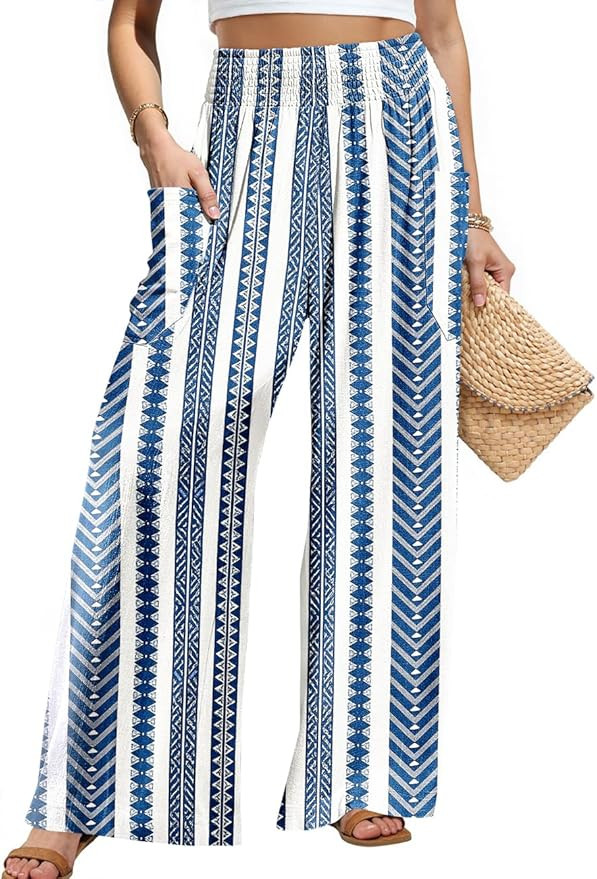 TARSE Women Linen Palazzo Pants Wide Leg Summer Boho High Waist Casual Lounge Pant Beach Travel V... | Amazon (US)