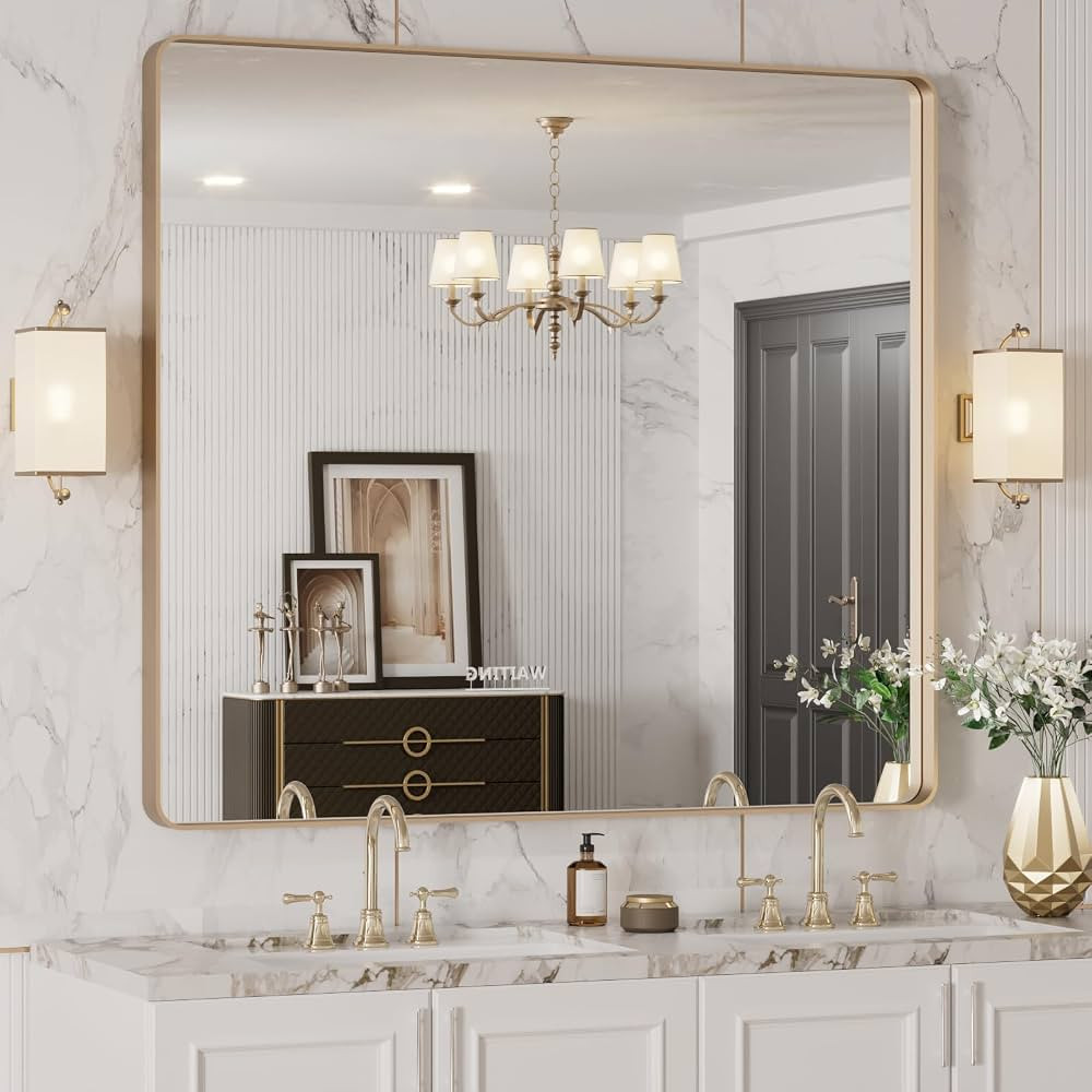 LOAAO 40”X36” Gold Bathroom Mirror, Rounded Rectangle Gold Frame Mirror, Brushed Gold Bathroo... | Amazon (US)