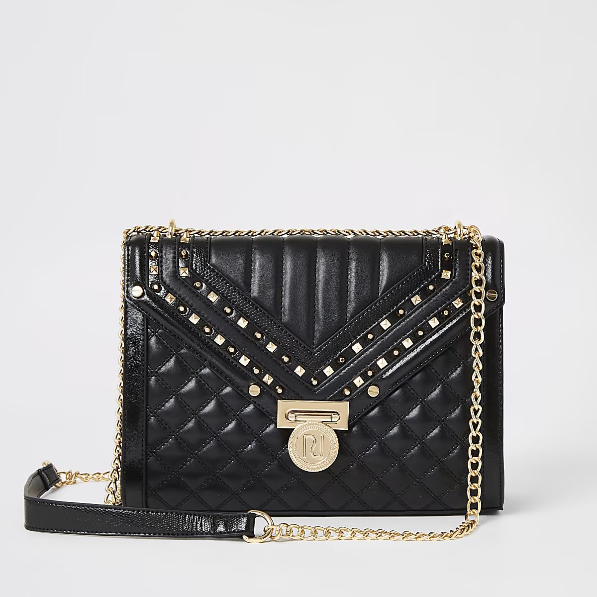 Black studded quilted cross body bag | River Island (UK & IE)