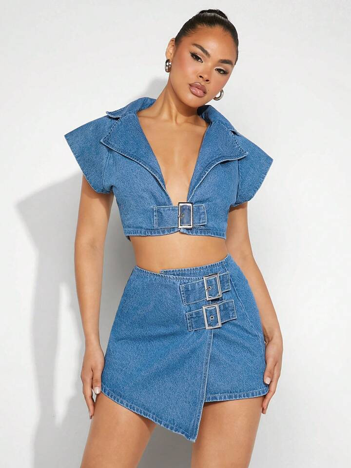 SHEIN Haute Buckled Denim Top & Wrap Skirt Set | SHEIN