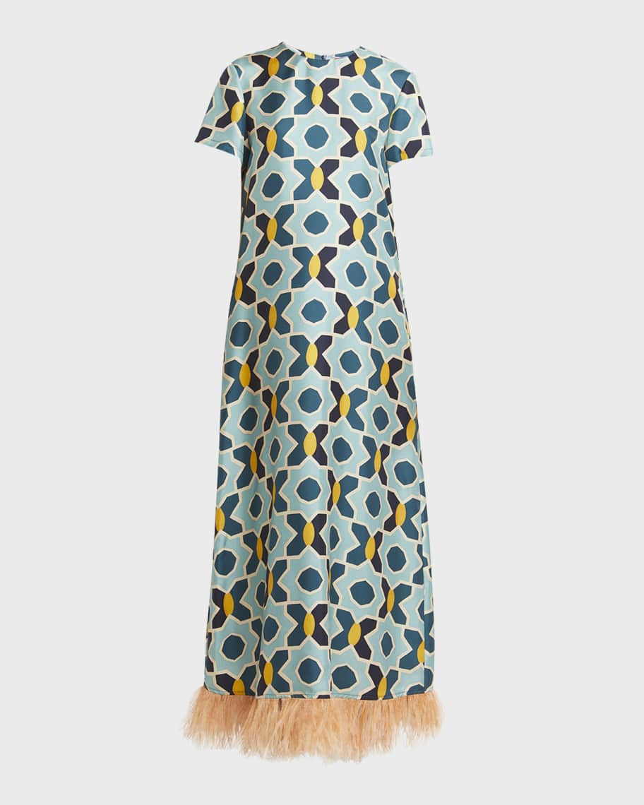 La DoubleJ Abstract-Print Short-Sleeve Feather-Trim Maxi Swing Dress | Neiman Marcus