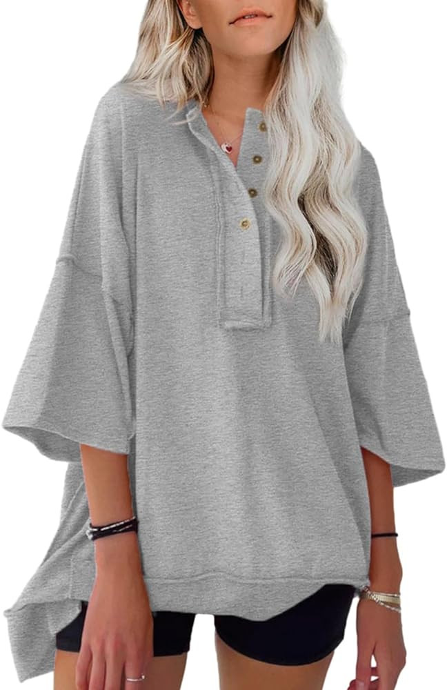 AlvaQ Womens Oversized Short Sleeve Sweatshirt Summer Casual Loose Button Down Henley V Neck Pull... | Amazon (US)