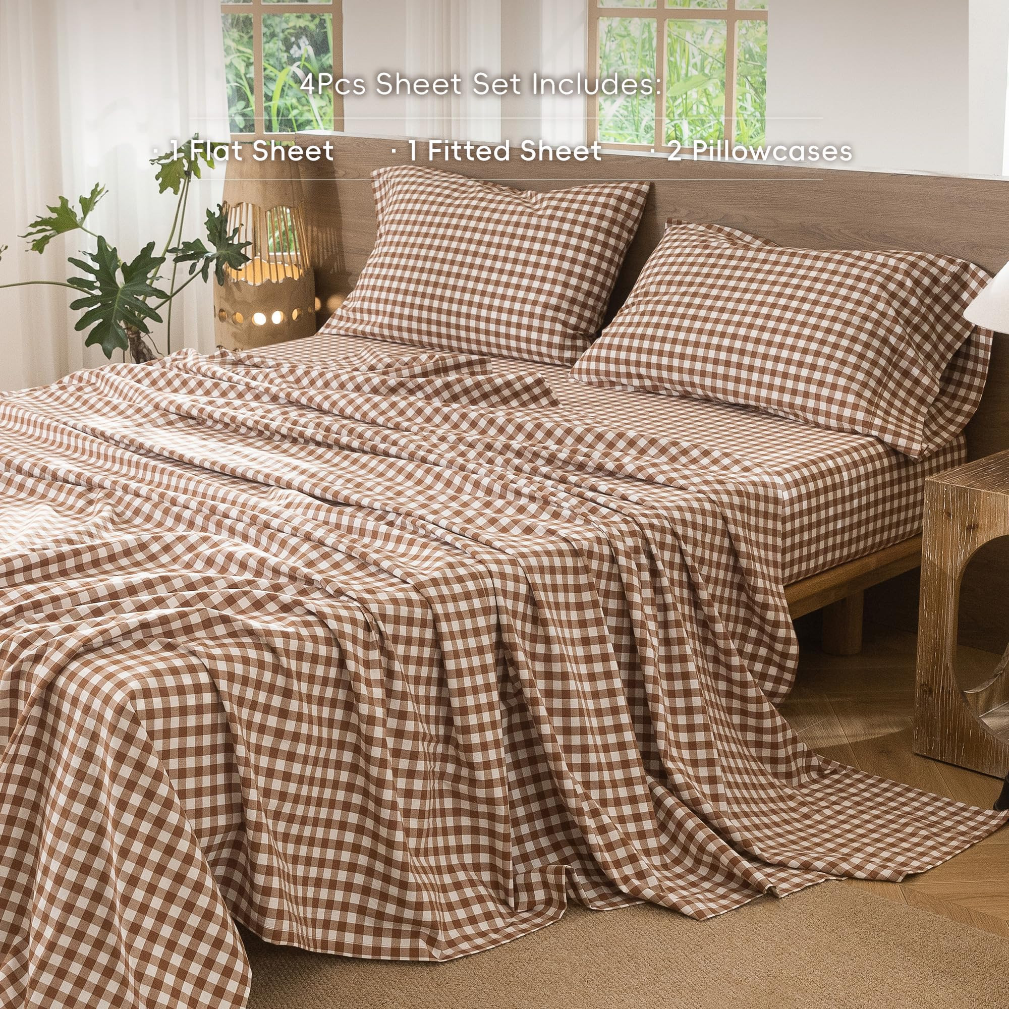 MooMee Gingham Sheet Set 100% Washed Cotton Linen Like Textured Breathable Soft w/ Fully Elastici... | Amazon (US)