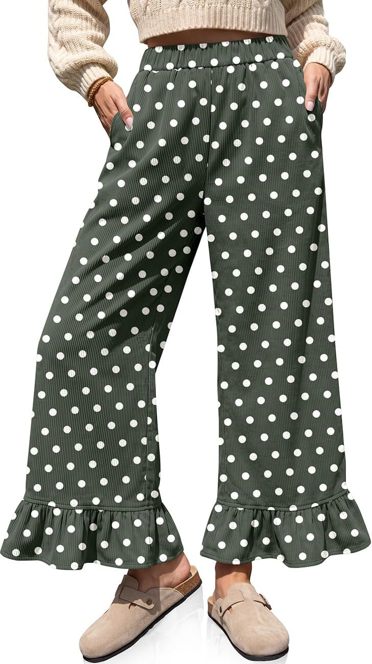 TARSE Women's Corduroy Pants Polka Dots Ruffle Hem Wide Leg Flared Pants | Amazon (US)