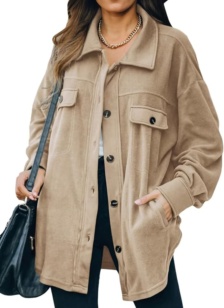FARYSAYS Womens Button Down Shirts Shacket Jackets Mid Length Trench Pea Coat | Amazon (US)
