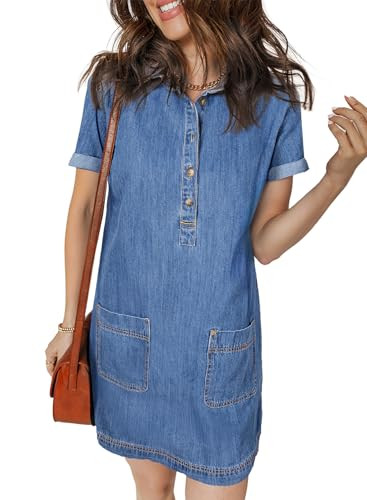 Sidefeel Denim Dress for Women Causal Short Sleeve Collared Button Down Jean Dress Trendy A Line ... | Amazon (US)