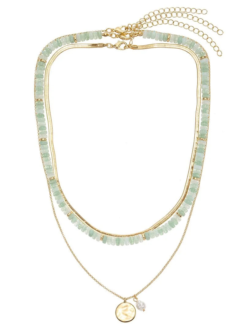 Time and Tru Women's Gold Tone Chain and Beaded Necklace Set, Green, 3 Pieces | Walmart (US)