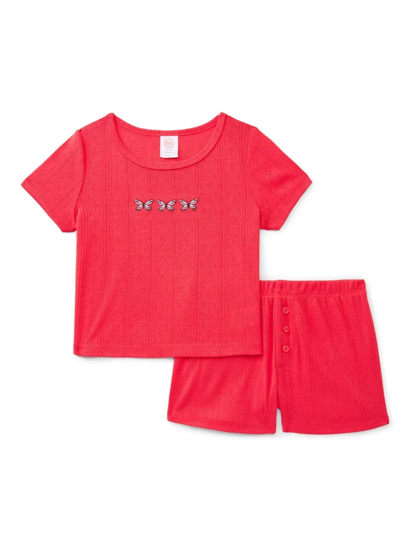 Wonder Nation Girls Pointelle Short Sleeve Top and Shorts Pajama Set, 2-Piece, Sizes 4-18 | Walmart (US)