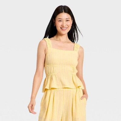 Women's Ruched Printed Linen Top - A New Day™ Yellow Striped S | Target