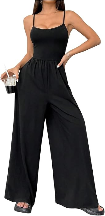 Floerns Women's Summer Jumpsuit Romper Spaghetti Strap Wide Leg Baggy Pants | Amazon (US)