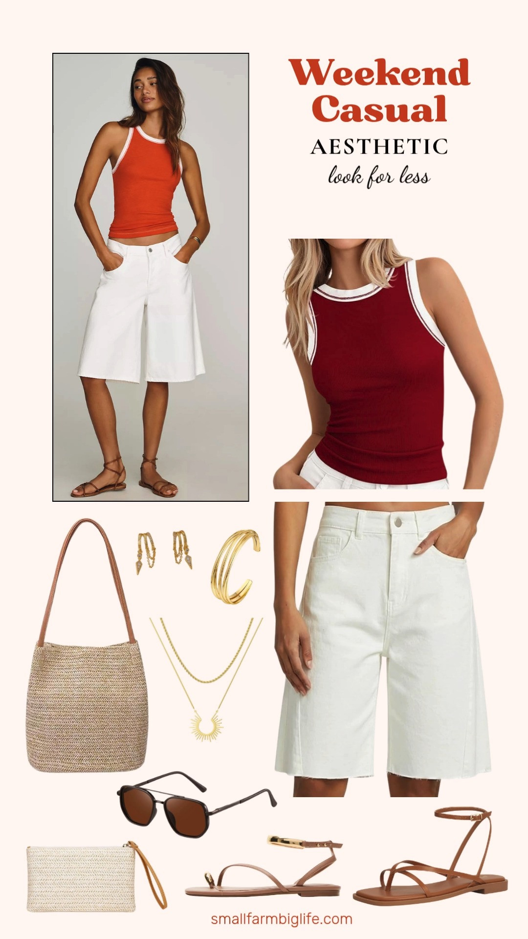 Love the weekend casual aesthetic but not the designer price tag? I found all the pieces on Amazon for so much less! From white wide leg bermuda denim shorts and a red high neck ribbed tank to square toe strappy flat sandals, toe ring sandals, a beautiful straw bucket tote, a small straw clutch, a gold layered necklace, chunky gold cuff bracelet, delicate gold dangle earrings, and bronze polarized aviator sunglasses, you can get the whole effortless and summery look for a fraction of the cost. Linking everything below! 

 #LTKootd #LTKSeasonal #LTKOver40