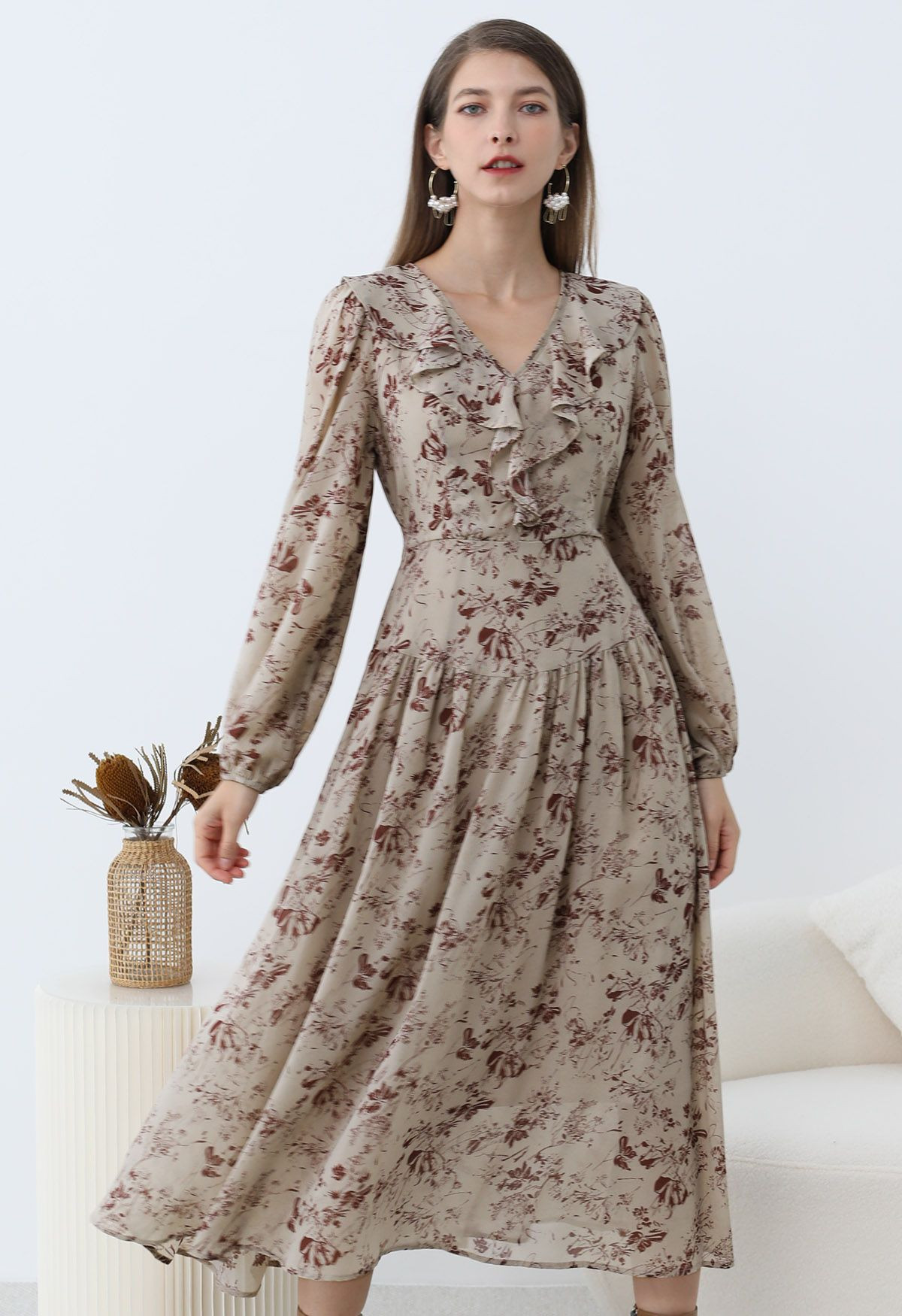 Serene Flower V-Neck Ruffle Chiffon Midi Dress in Taupe | Chicwish