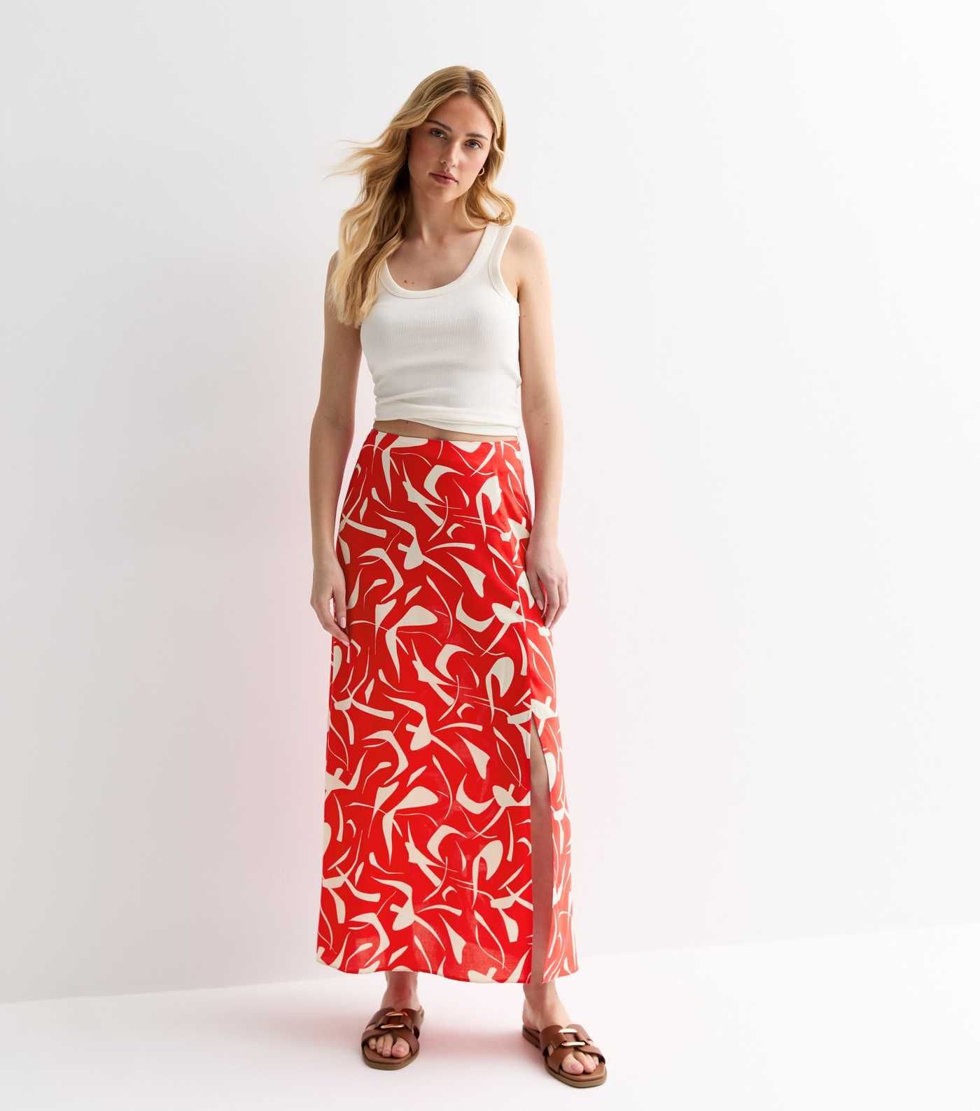 Red Abstract Print High Waist Split Hem Midi Skirt | New Look | New Look (UK)