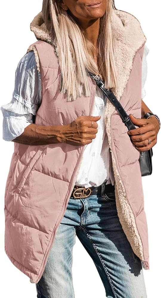 PRETTYGARDEN Womens 2026 Fall Reversible Long Vests Sleeveless Fleece Jacket Zip Up Hoodie Pocket... | Amazon (US)