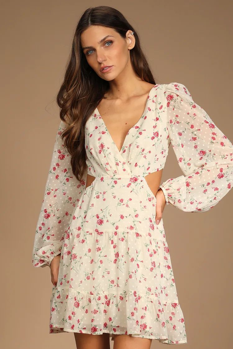 Fancy You Cream Floral Print Tie-Back Long Sleeve Mini Dress | Lulus (US)