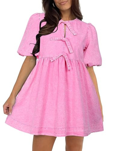 Qazel Vorrlon Denim Dress for Women Puff Sleeve Babydoll Jean Romper Casual | Amazon (US)