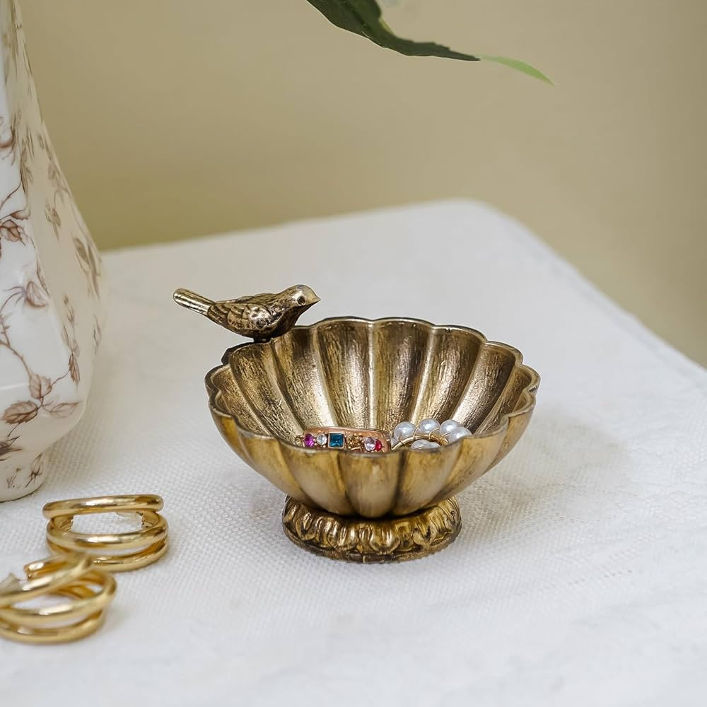 NIKKY HOME Antique Trinket Bowl Dish, Vintage Golden Metal Jewelry Tray with Bird, Ring Holder Cl... | Amazon (US)