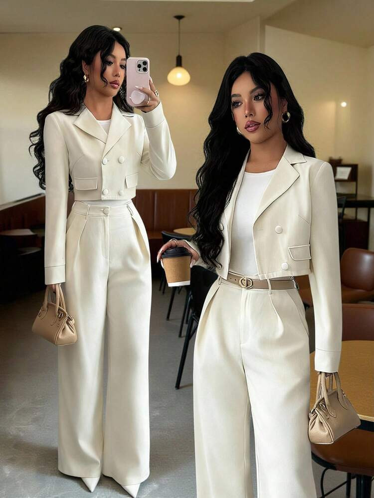 Elenzga Elegant Casual Fashion Office Commute Back To School Square Neck Short Jacket & Loose Straight Pants 2-Piece Set, Solid Color Woven Fabric, Autumn/Winter | SHEIN