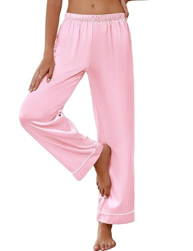Ekouaer Womens Silk Satin Pajama Pants Soft Loose Lounge Pants Lightweight Elastic Waist Wide Leg Pj Bottoms with Pockets Pink XL | Amazon (US)