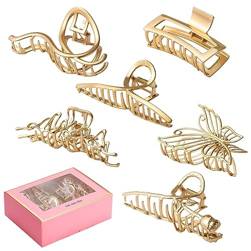 LUKACY 6 Pack Large Metal Hair Claw Clips - 4 Inch, Perfect Big gold Jaw hair clamps for Women and Thinner, Thick hair styling,Strong Hold, Fashion Hair Accessories (Style 2) | Amazon (US)