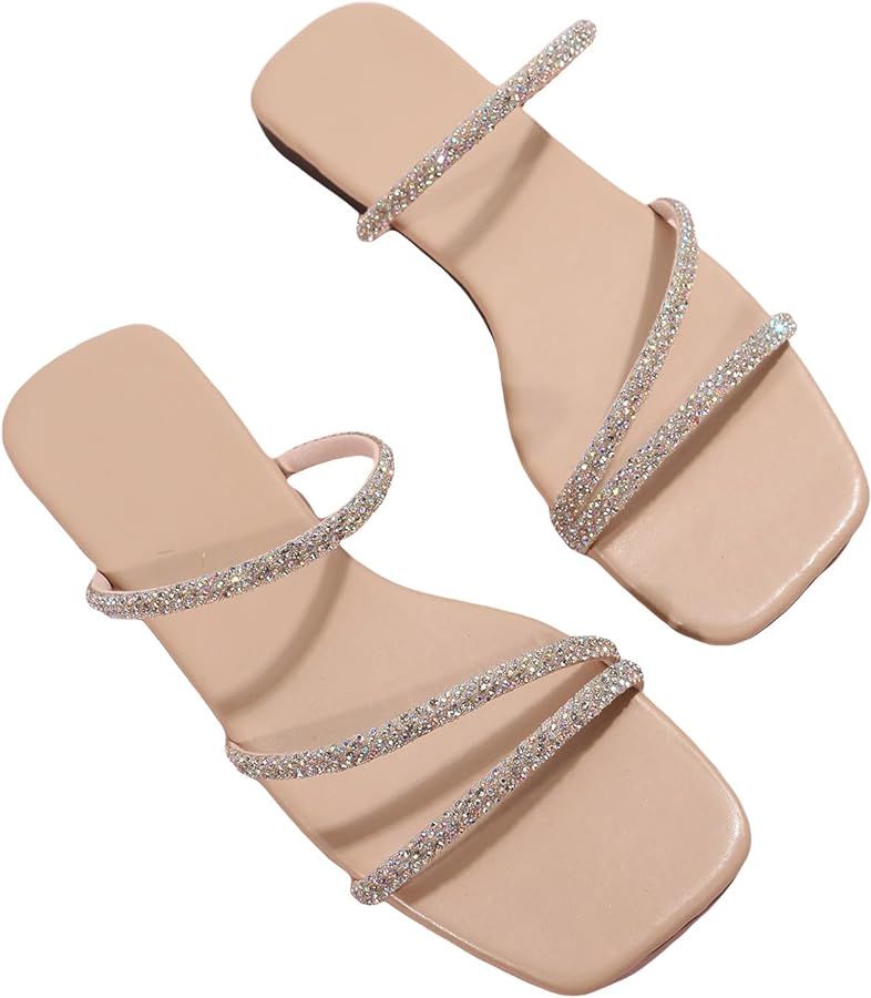 GORGLITTER Women's Rhinestone Flat Sandals Strappy Slip on Open Toe Slide Sandals | Amazon (US)