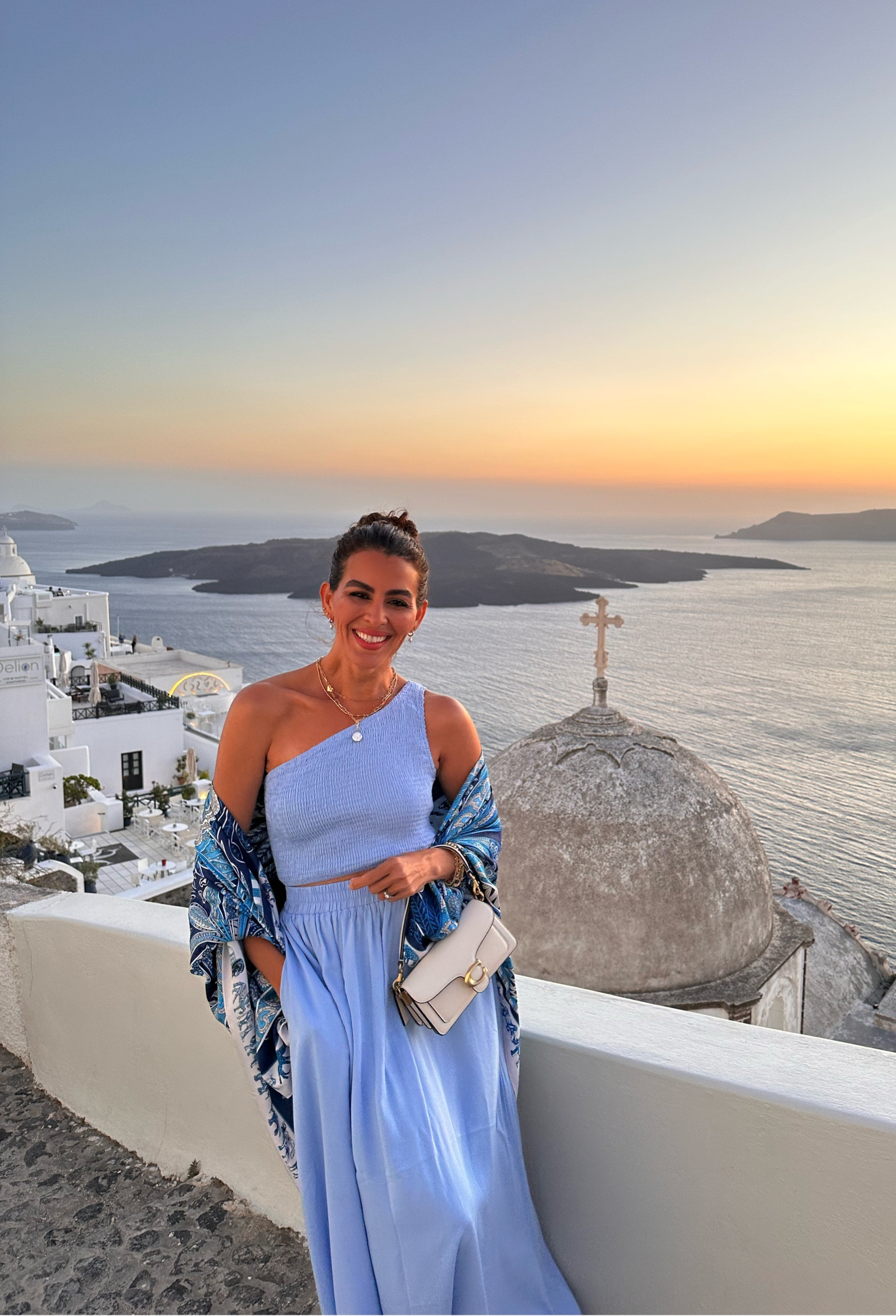 This set is stunning!! Wearing a size small in the set. Scarf measures 50 inches. I’m wearing the coach tabby 20 bag, that also comes in a bigger size tabby 26 adding all accessories and undergarments.
Europe, vacation, Greece, vacation, resort wear, skirt set, spring dresses, summer dress, blue, summer dress, elevated casual outfit, anniversary trip, 

#LTKSeasonal #LTKU #LTKtravel