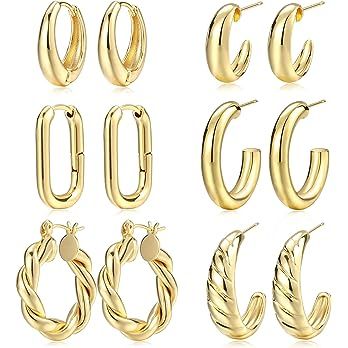 Gold Hoop Earrings Set for Women, 14K Gold Plated Lightweight Hypoallergenic Chunky Open Hoops Se... | Amazon (US)