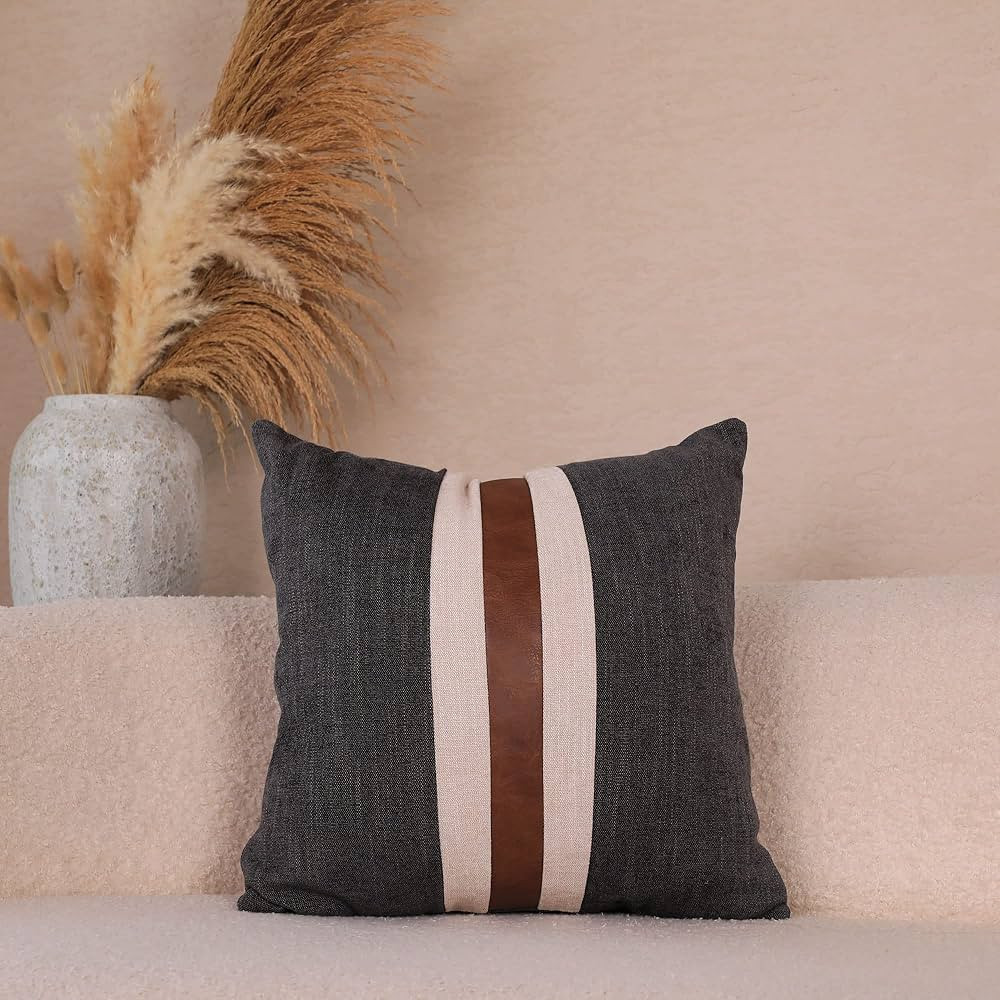 BOYSUM Farmhouse Decorative Outdoor Throw Pillow Covers for Couch Sofa Bed Brown Faux Leather Acc... | Amazon (US)