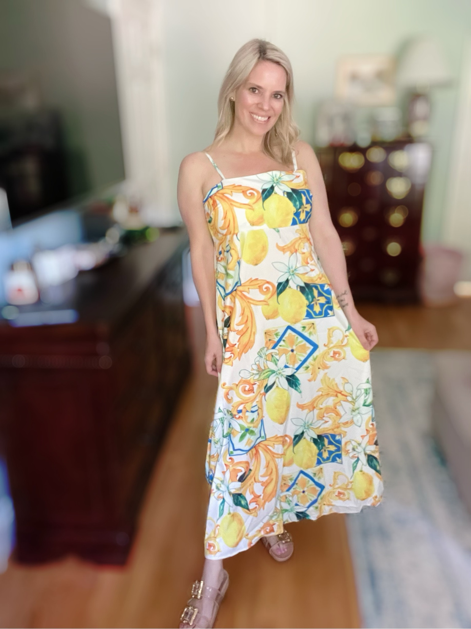 Lemon print maxi dress, vacation dress, flat sandals, European vacation dress 

#LTKOver40 #LTKFindsUnder50 #LTKFindsUnder100