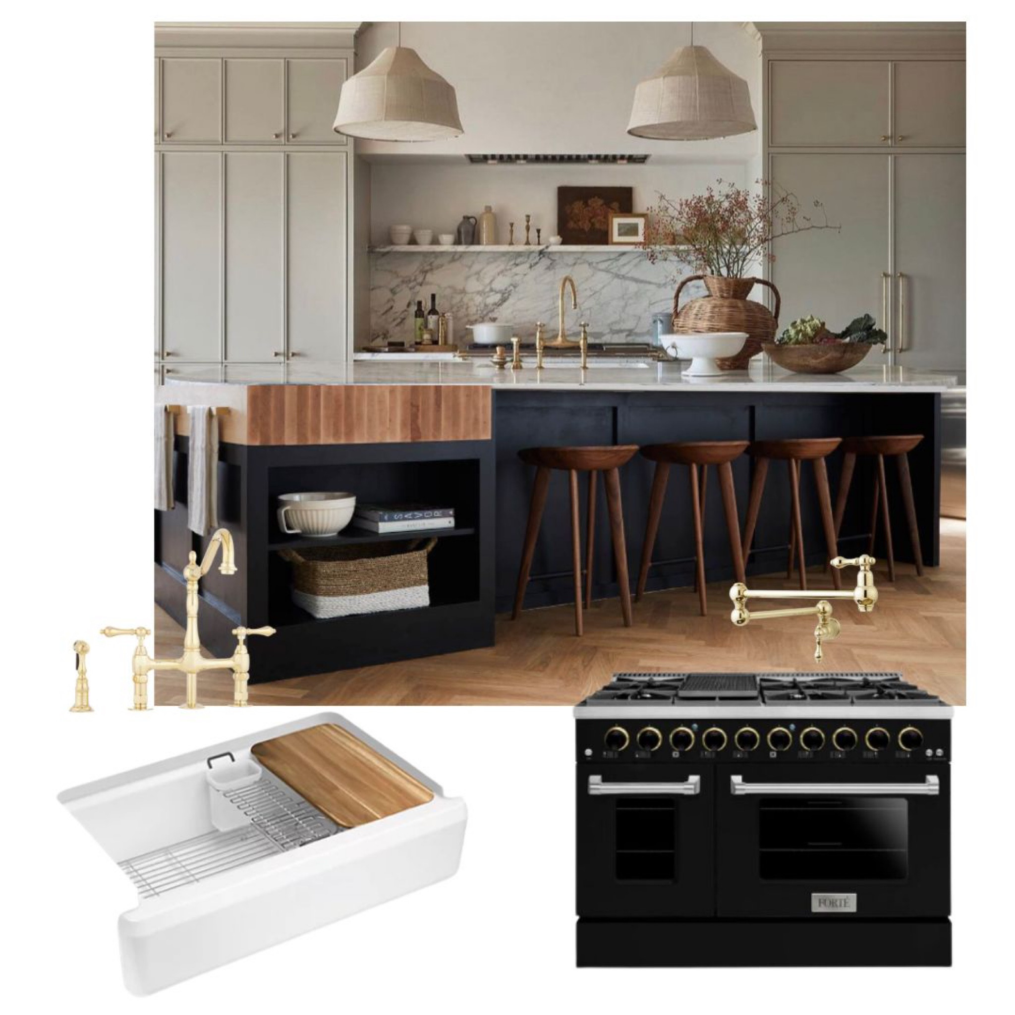 Kitchen with black island and gold accents 

#LTKhome #LTKFind