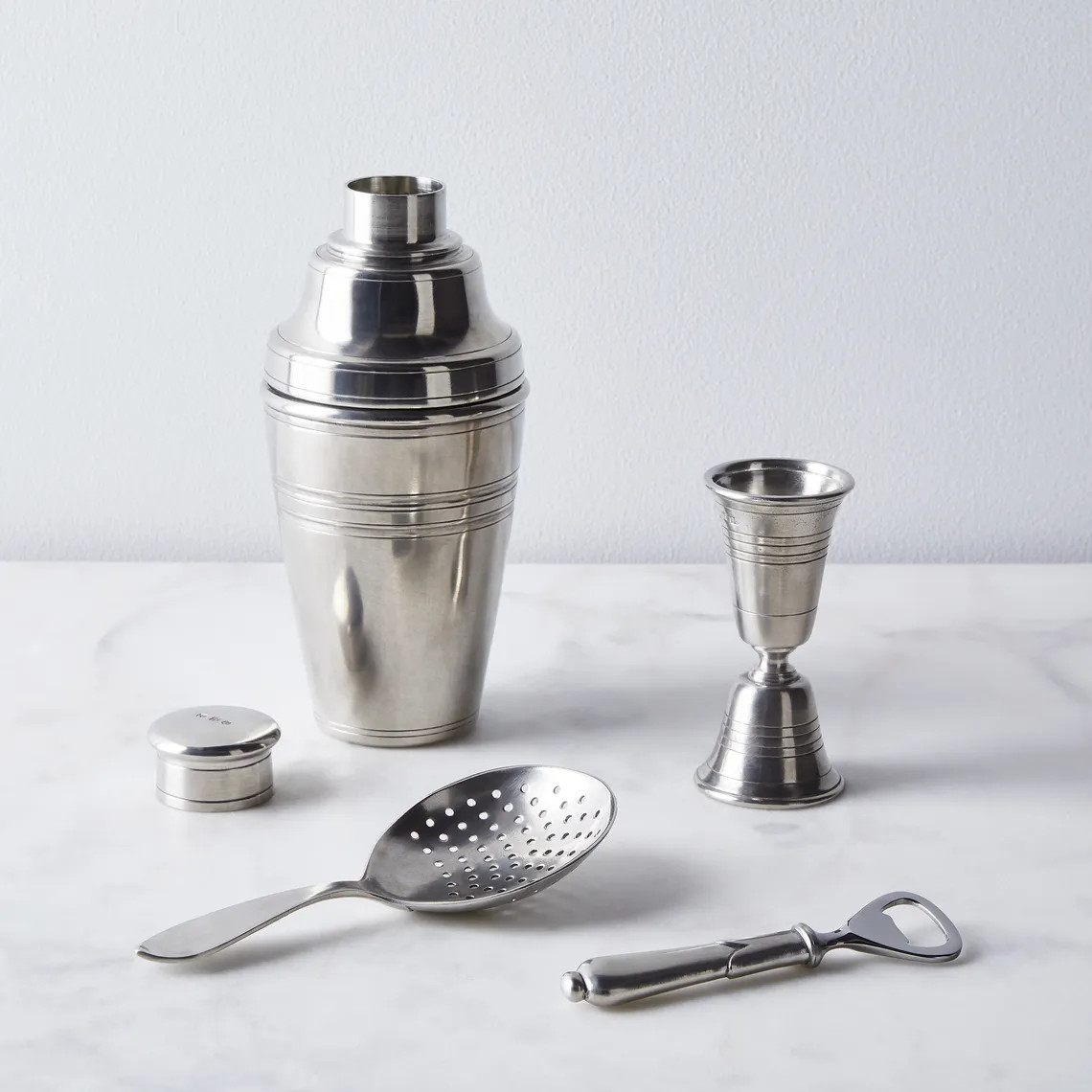 MATCH Pewter Barware Set with Cocktail Shaker, Jigger, Strainer & Bottle Opener | Food52