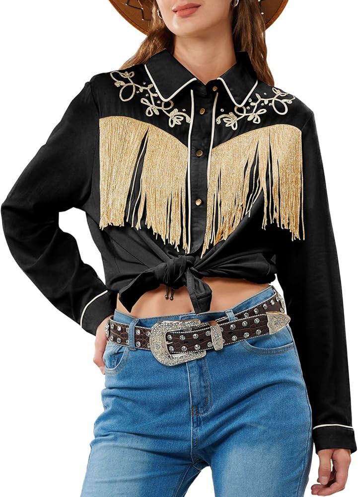 JOHN MOON Women's Fringe Western Button Down Shirts with Studs Floral Embroidered Cowgirl Tops Co... | Amazon (US)