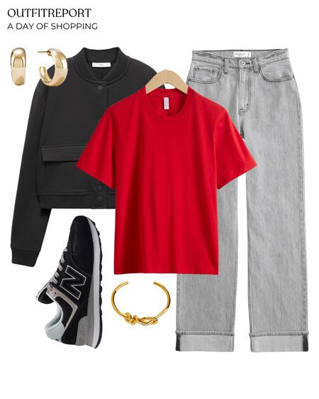 Grey denim jeans red T-shirt black cropped jacket new balance sneakers trainers gold bracelet and earrings 

#LTKstyletip #LTKshoes #LTKbag