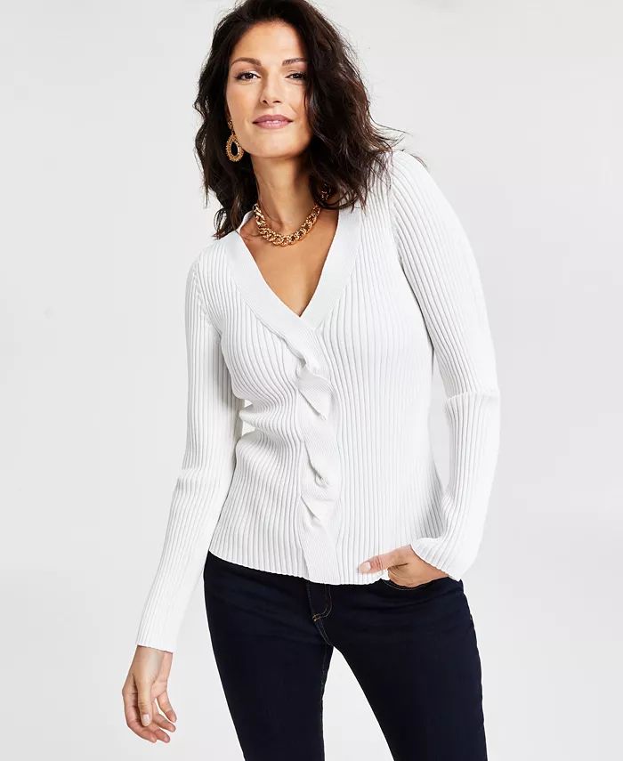 Women's Ribbed Cable-Front V-Neck Sweater, Created for Macy's | Macy's