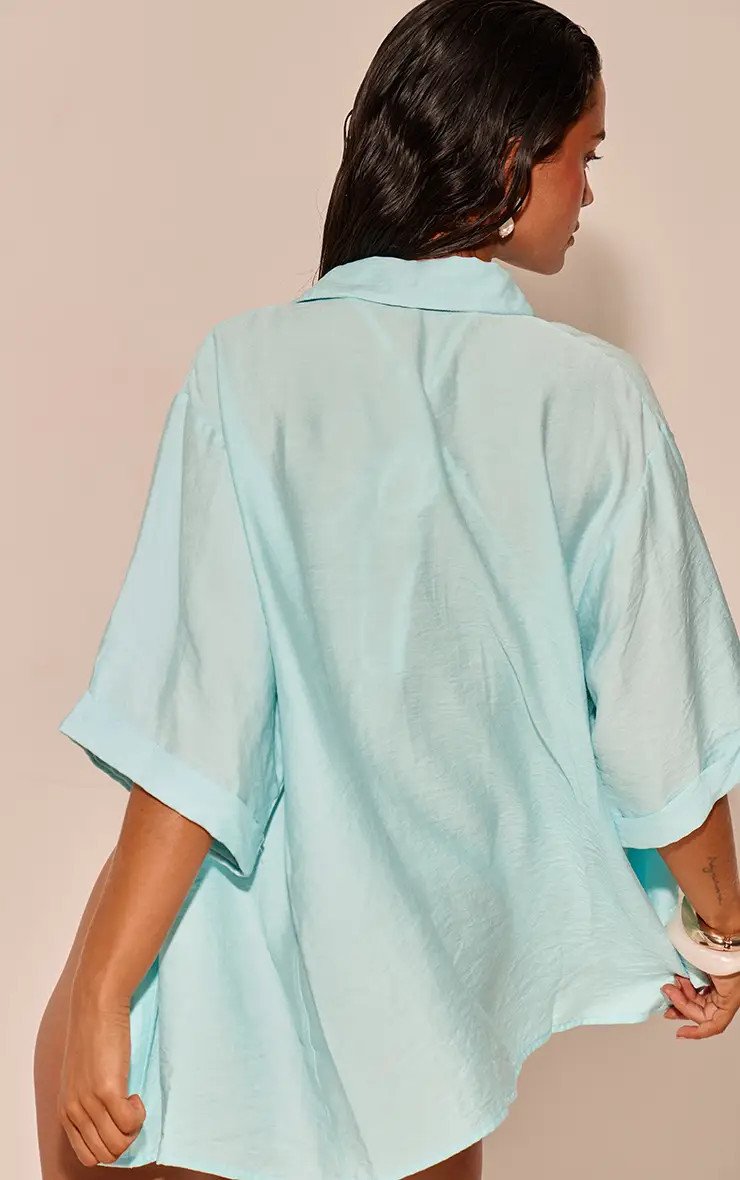 Aqua Linen Look Drop Shoulder Beach Shirt | PrettyLittleThing UK