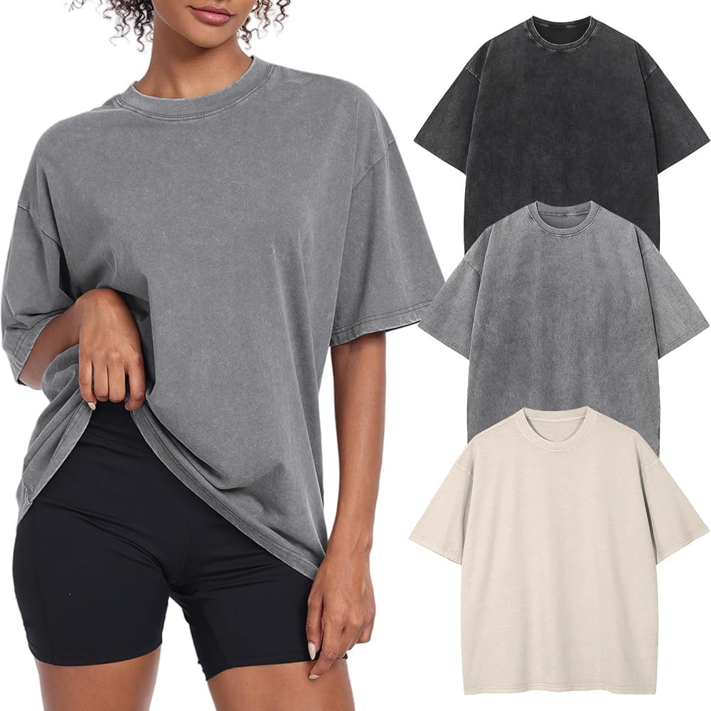Womens Vintage Oversized T Shirts Acid Washed Baggy Cotton Tee Casual Workout Boyfriend Short Sle... | Amazon (US)