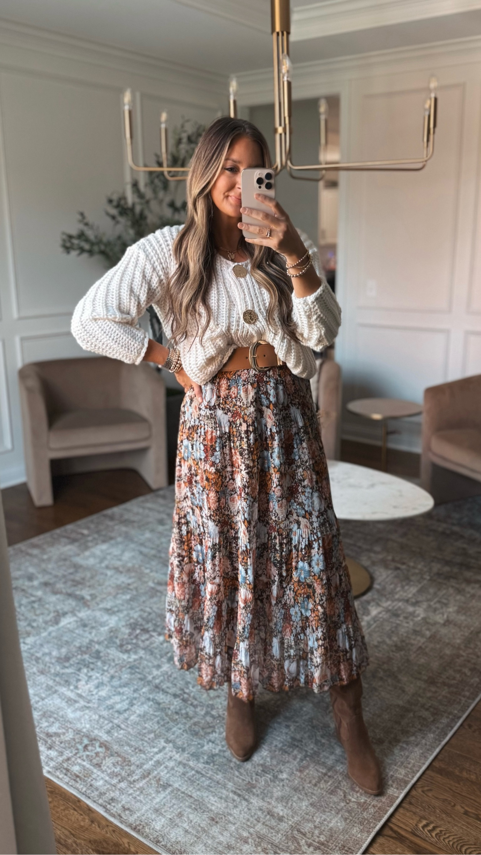 Perfect Fall outfit idea with the cutest floral maxi skirt and button up cardigan! I am obsessed with the boots too! And the cardigan is nursing and pumping friendly! All fit true to size

#LTKStyleTip #LTKHoliday #LTKWorkwear