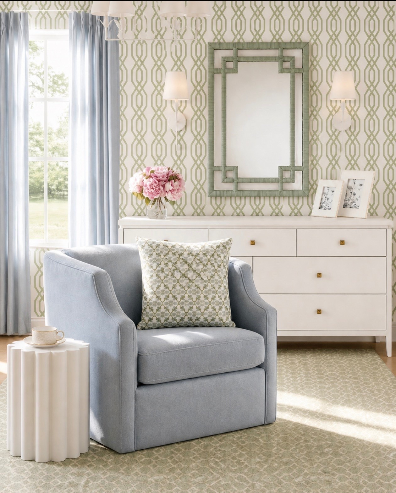 A timeless blue and green space filled with patterns and light 

#bedroom #wallpaper #chair #homedecor

#LTKHome #LTKSaleAlert #LTKmomlife